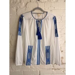 Michael Kors Boho Embroidered Blouse White Blue Tassel Tie Top M Lightweight